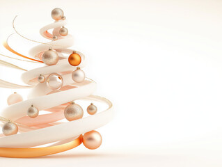 Modern abstract Christmas tree with gold and white ornaments, spiral ribbon, festive decoration, minimal background, elegant holiday celebration, winter, joyful mood