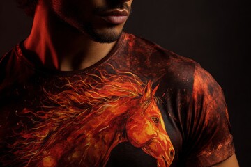 A man poses in a studio with a detailed shirt displaying a fiery horse design. The warm colors and shadows create a striking visual impact, highlighting the artworks intensity