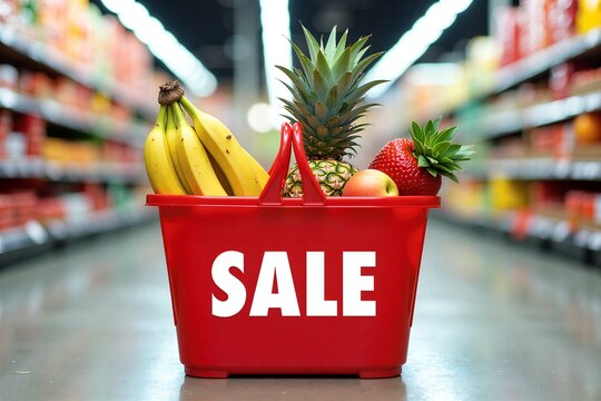 Red shopping basket filled with bananas, pineapple, apple and strawberry in supermarket aisle during sale.