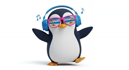 Obraz premium Playful Penguin Wearing Colorful Sunglasses and Headphones on White Background
