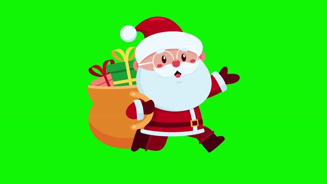 Funny Santa Claus Cartoon Character Running With Gift Bag - 4K Animation Video Motion Graphics With Chroma Key Green Screen Background