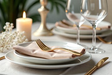 Elegant dinner table setting: gold forks, cream napkins, candles, flowers. Soft lighting, romantic ambiance.