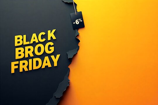 Black Friday sale: bold yellow text on torn black background, orange gradient reveal. -6% discount tag visible.