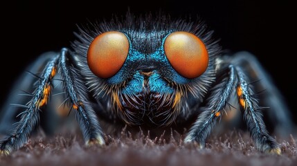 A close up of a spider with orange eyes and blue legs. The spider is on a brown surface