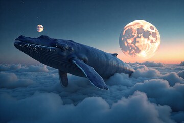 Whale glides above clouds beneath twin moons, starlit sky, surreal dreamlike scene.