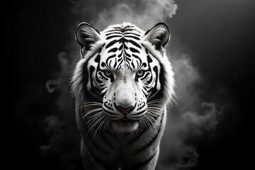 Obraz premium White tiger stares intensely, smoke swirls around in dark backdrop. High contrast, dramatic lighting highlights its striking stripes and piercing gaze.