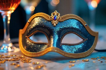 Elegant blue-gold masquerade mask adorned with sequins, surrounded by gold confetti and wine glasses in festive glow.