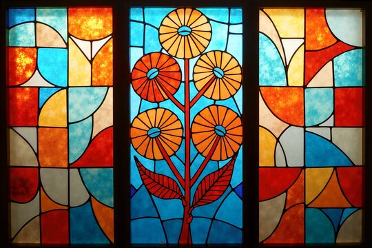 Vibrant stained glass window features stylized orange flowers and red leaves against a blue background, framed by abstract geometric patterns.