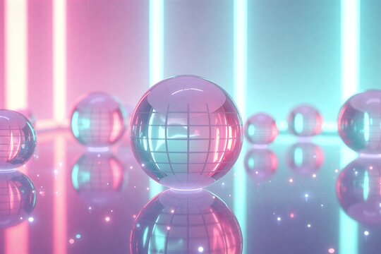 Neon-lit futuristic room with reflective spheres, glowing pink and blue lights casting vibrant reflections on polished floor.