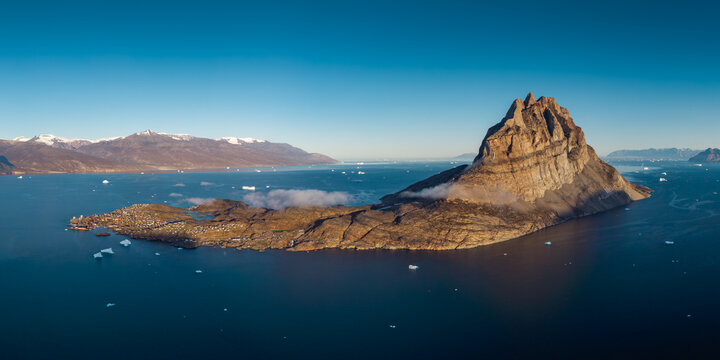 Morning panorama photography of Uummannaq island in north-west Greenland