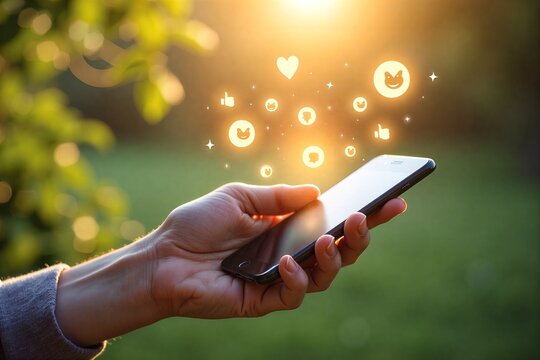 Hand holds phone, glowing icons float above: heart, thumbs up, smiley faces. Sunset backdrop, digital connection in nature.