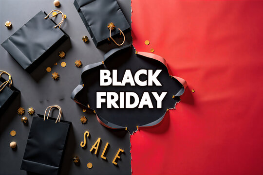 Black Friday sale: torn paper reveals bold text, black and red background with shopping bags and gold ornaments.