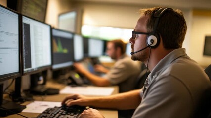 Focused Technician at Work: An attentive technician, immersed in his task, is seen in a control center, diligently monitoring data.