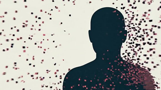 Fragmentation: This evocative image portrays a human silhouette dissolving into particles. The visual metaphor symbolizes themes of loss, mental health, or transformation.