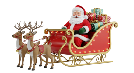 Merry 3D Santa Claus in an illuminated sleigh pulled by reindeer, delivering stacks of festive Christmas gifts on a white studio background.