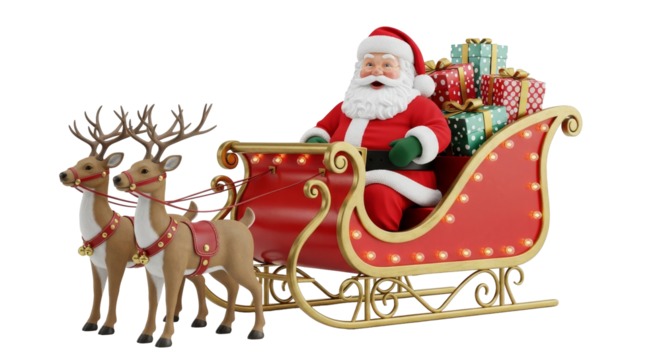 Merry 3D Santa Claus in an illuminated sleigh pulled by reindeer, delivering stacks of festive Christmas gifts on a white studio background.