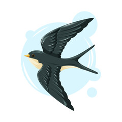 Graceful swallow in flight with dark wings and a light belly. Dynamic vector cartoon illustration of bird.