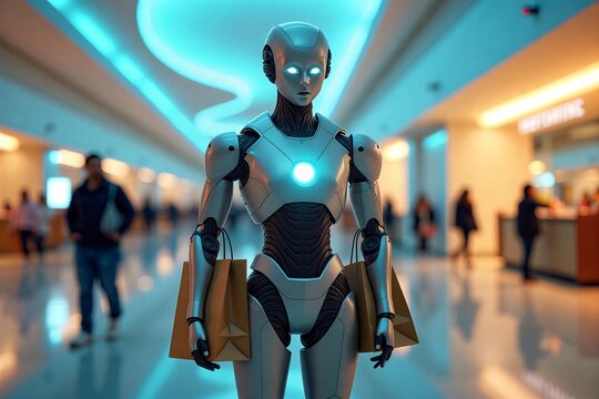 Futuristic robot shopper in sleek white armor, holding paper bag, walking through glowing futuristic mall corridor.