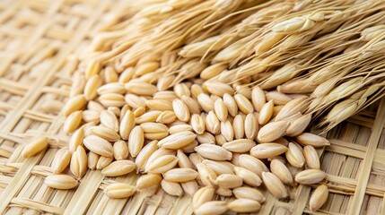 foolishness. Barley grains drying on a mat under soft, natural sunlight. menu design, packaging mockups, designed for culinary blogs and recipe cards for restaurants, used by account managers.