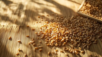 foolishness. Barley grains drying on a mat under soft, natural sunlight. menu design, packaging mockups, designed for culinary blogs and recipe cards for restaurants, used by account managers.