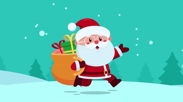 Funny Santa Claus Cartoon Character Running With Gift Bag &ndash; 4K Animation Video Motion Graphics With Background
