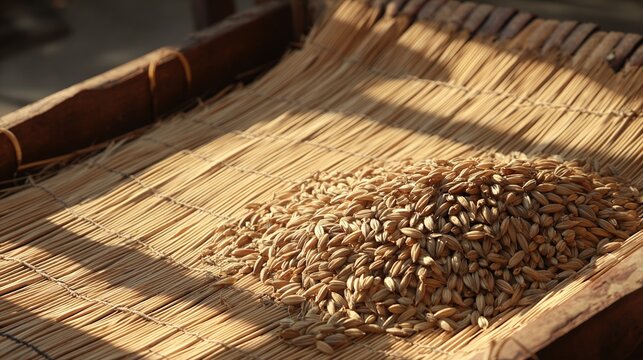 foolishness. Barley grains drying on a mat under soft, natural sunlight. menu design, packaging mockups, designed for culinary blogs and recipe cards for restaurants, used by account managers.