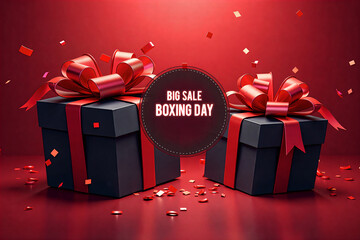 Boxing Day sale: 50% off. Red gifts, confetti, festive black boxes with ribbons against vibrant red background. Celebratory shopping vibe.