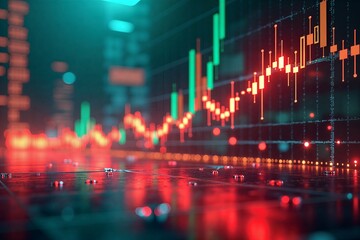 Digital stock chart glowing red and green on reflective surface, futuristic financial data visualization.