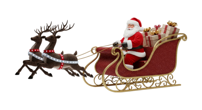 Santa Claus in Sleigh Pulled by Reindeer, carrying shiny Christmas Presents. Festive holiday 3D render isolated on a neutral background.