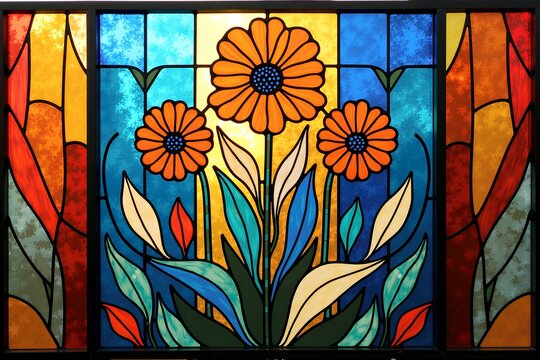 Vibrant stained glass window features stylized orange flowers and red leaves against a blue background, framed by abstract geometric patterns.