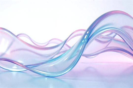 Five translucent blue rings, softly lit, rest on a reflective surface in dreamy pastel hues.