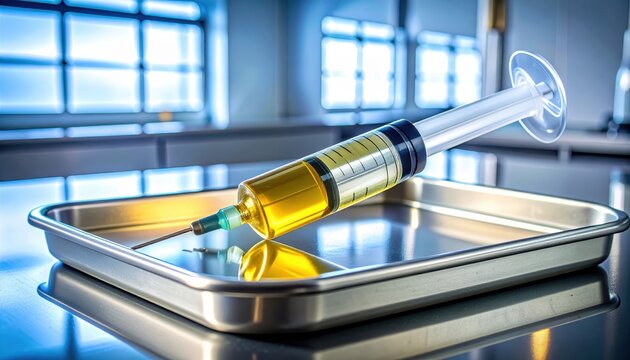 Close up of syringe collecting yellowish fat sample on a tray
