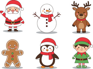 Christmas characters, Santa Claus, snowman, reindeer, gingerbread man, penguin, elf, holiday icons, festive cartoon, flat vector illustration