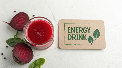 Close up shot of red beet juice in a glass with a card
