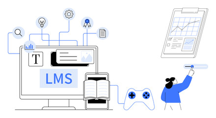 Computer displaying LMS, open book, gaming controller, icons for creativity and analytics, teacher with chart. Ideal for education, e-learning, teaching, technology analysis creativity training