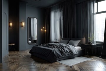 Fototapeta premium Luxurious, dark gray bedroom features a large bed, mirror, window with curtains, and wooden floor