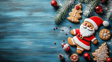 christmas gingerbread man and christmas decorations on a blue wooden background with copy space, top view, christmas food concept