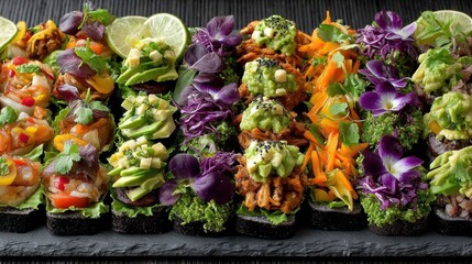 Colorful sushi platter arrangement with fresh ingredients