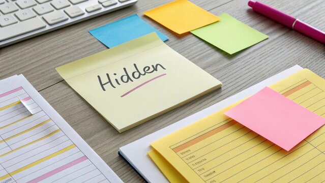 Overlapping sticky notes revealing hidden data and important information