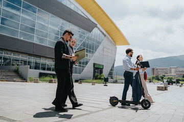 A small group of colleagues discussing ideas while standing near an office building. They are...