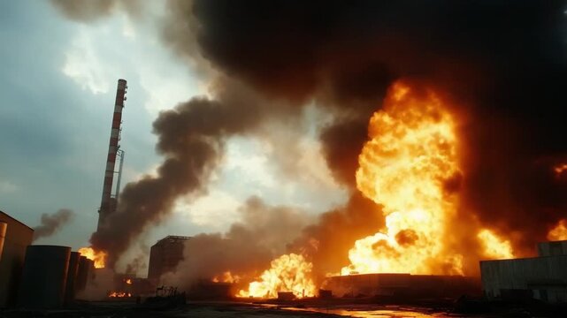Fiery Industrial Inferno: Dramatic depiction of a major industrial fire with billowing smoke and towering flames. Conveying a sense of destruction and environmental danger.