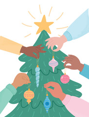 Hands decorating Christmas tree with retro ornaments. Holiday season decoration process. Flat style vector illustration