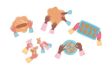 Christmas gingerbread cookies cooking process. Holiday baking process top view. Homemade holiday food. Vector illustration in flat style