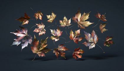 Falling autumn maple leaves with metallic texture on dark background