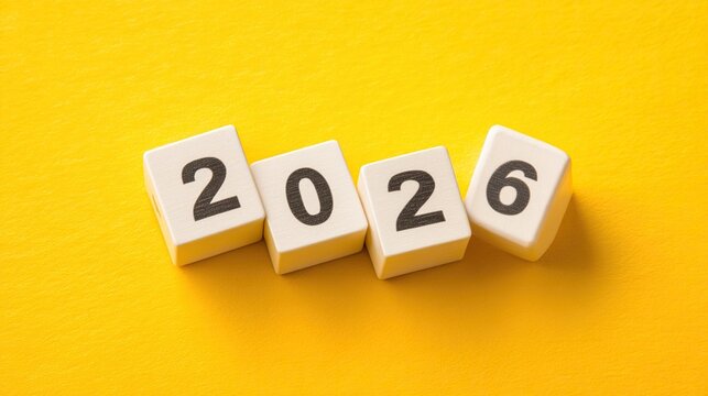 Minimalistic top view "2026" written with white cubes on yellow background, clean sleek typography ideal for new year designs, event materials, promotional assets and festive graphic templates.
