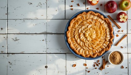 golden apple pie artfully arranged on rustic white wooden table with spices and fresh apples