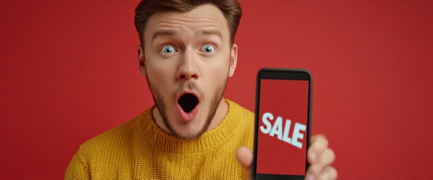 A young man with an amazed expression holds a smartphone displaying a message about a sale while standing in front of a vibrant red background