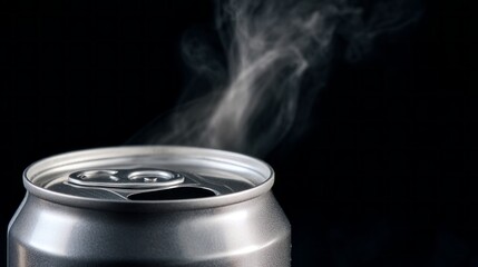 A fresh soda can is opened, releasing vapor that rises into the air. The cool metal contrasts with the warmth of the steam against a black backdrop, evoking a sense of refreshment