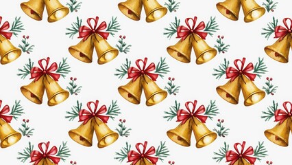 Seamless Christmas pattern with gold bells, red bows, and pine sprigs