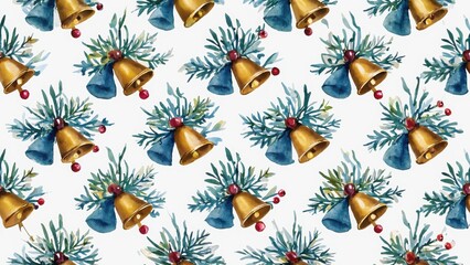 Seamless holiday pattern with gold bells, blue ribbon, and pine branches